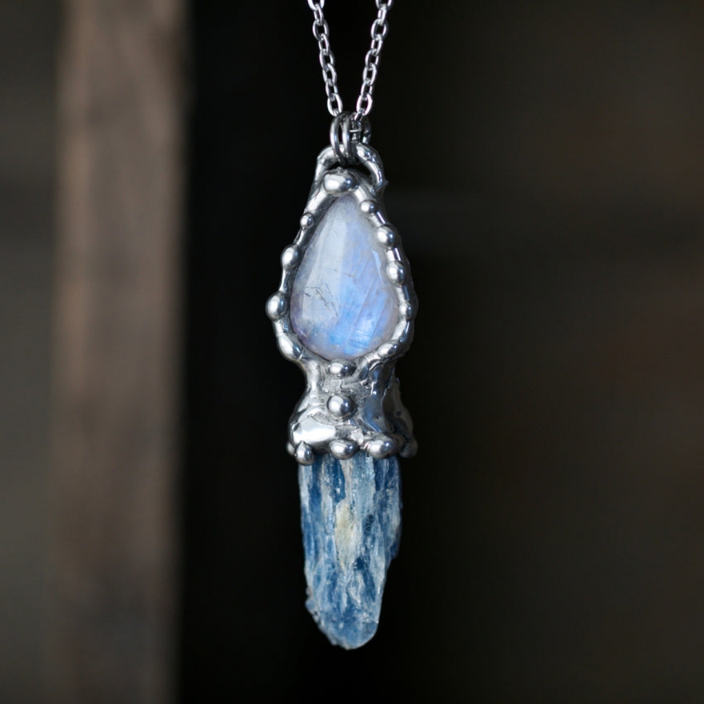 Moonstone Kyanite Raw Crystal Silver Necklace Handmade